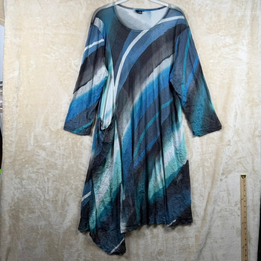 Lisa Bayne Womens XXL Blue Abstract Crinkle Mesh Dress Sheer Overlay Lagenlook